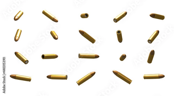 Fototapeta 3D rendering, Close up pistol bullets set with different side, isolated on white background.
