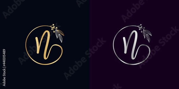Obraz set of luxury golden and silver signature letter N isolated circle with leaves ahead. vector monogram for personal signature, cosmetic, restaurant, boutique, hotel , nature logo concept vector