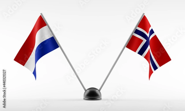 Fototapeta Stand with two national flags. Flags of Netherlands and Norway. Isolated on a white background. 3d rendering