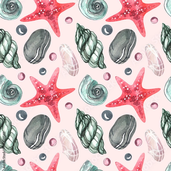Fototapeta Seamless watercolor pattern. Print on a nautical theme. Marine animals and seashells on a pink background. Red starfish, rapa, snail, pebbles and colored stones.