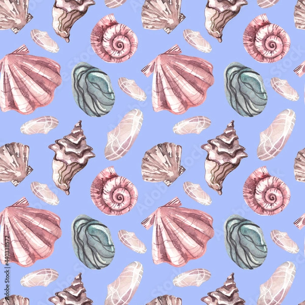 Fototapeta Seamless watercolor print. Pattern on the marine theme. Seashells on a blue background. Pebbles, rapa, scallop, snail and other shells. Colored seashells on a blue background.