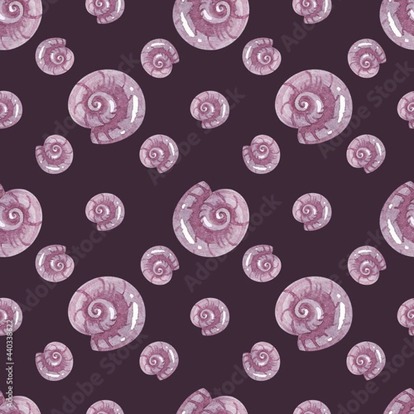 Fototapeta Print on a nautical theme. Seamless watercolor pattern Shell snail on a purple background. Marine fauna. Handmade graphics. Seamless pattern with snails.