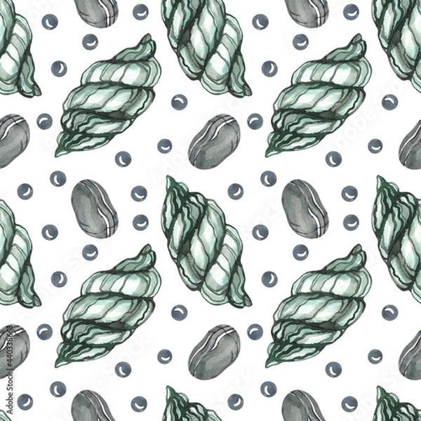 Fototapeta Seamless watercolor pattern. Print on a nautical theme. Emerald clam shell and gray stones on a white background. Emerald and turquoise colors.