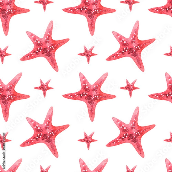 Fototapeta Seamless watercolor pattern. Red starfishes on a white background. Watercolor starfish. Handmade print. Marine pattern.