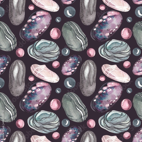 Fototapeta Seamless watercolor pattern. Stones of different shapes and sizes. Textured stones with different textures and colors. Watercolor print with sea stones.