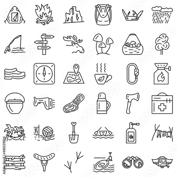 Fototapeta Travel to nature, active recreation in the forest, hiking and camping. Hiking in the mountains, tools and equipment of the tourist. Icon set, vector, isolated, outline, 48x48 pixel.