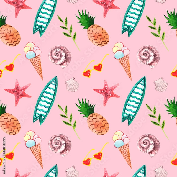 Fototapeta Seamless watercolor pattern on a pink background. Summer print with ice cream, pineapple, sunglasses, surfboard, seashells and starfish. Leisure and travel print.