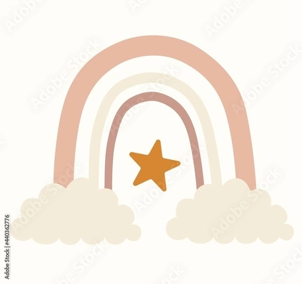 Obraz Rainbow With Clouds, Star Vector Illustration. Scandinavian style style isolated on white background. Perfect for kids, posters, prints, cards, fabric, children's books.