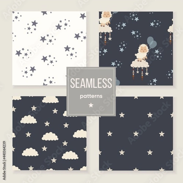 Obraz Vector seamless patterns with cute cartoon sheeps, stars and clouds. Good night illustration. For children design.