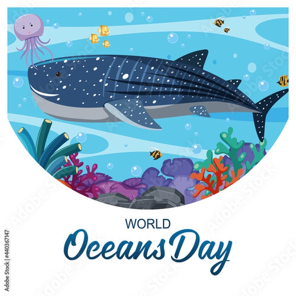 Obraz World Ocean Day banner with a big whale and other sea animals
