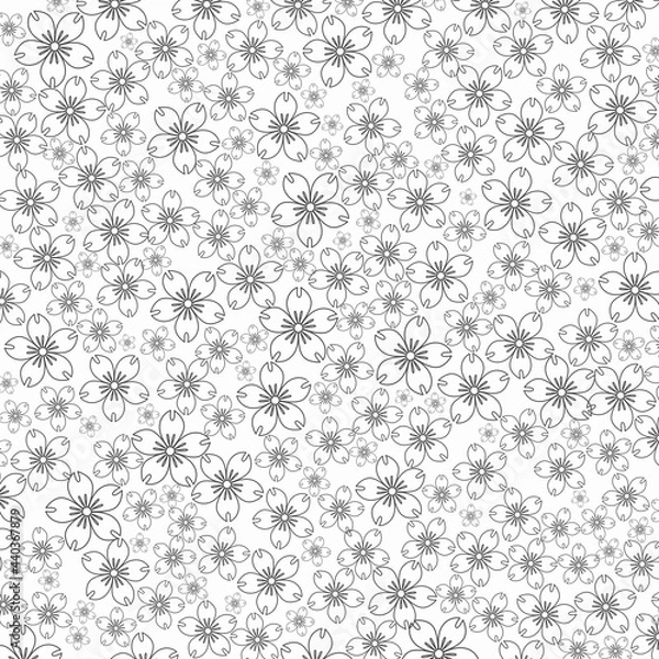 Fototapeta modern black and white graphic background with random scattered flowers on white. Artistic backdrop with copy space for design. Web banner. Drawn flowers on light base. Birthday party, wrapping paper