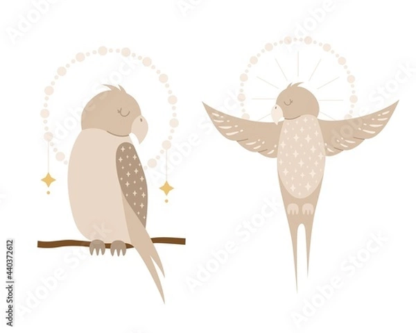 Obraz set of modern boho style. Vector hand drawn boho clipart for nursery. Safari animal. Perfect for baby shower, birthday, children's party.  Bohemian elements. Cute parrot clipart
