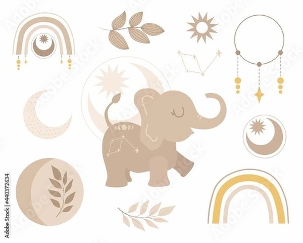 Obraz set of modern boho style. Vector hand drawn boho clipart for nursery. Safari animal. Perfect for baby shower, birthday, children's party.  Bohemian elements. Cute elephant, rainbows