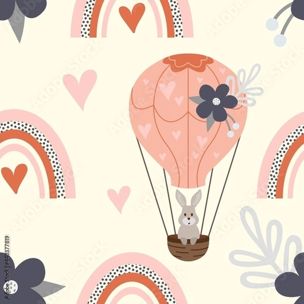 Obraz background illustration with balloons, flowers and hearts. Easter bunny. Cute kids seamless pattern. Perfect for wallpaper, postcard, print, invitations, patterns, poster, packaging etc.