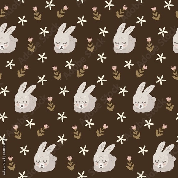 Obraz Sleeping bunny with flowers seamless pattern.  Illustration of little rabbit in floral field for textile or wrapping surface. Nursery ornament for baby shower.