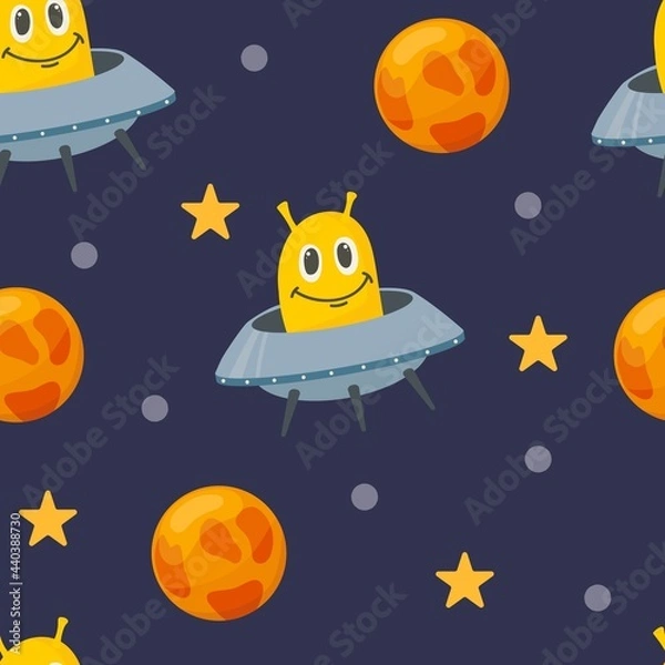 Obraz Space seamless pattern with Flying saucer, planets, moon, stars, alien and UFO. Hand drawn Scandinavian style vector illustration isolated on white background.