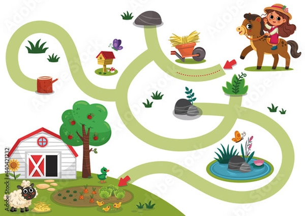 Obraz Educational maze game for preschool children with farm theme. Cartoon Vector illustration.
