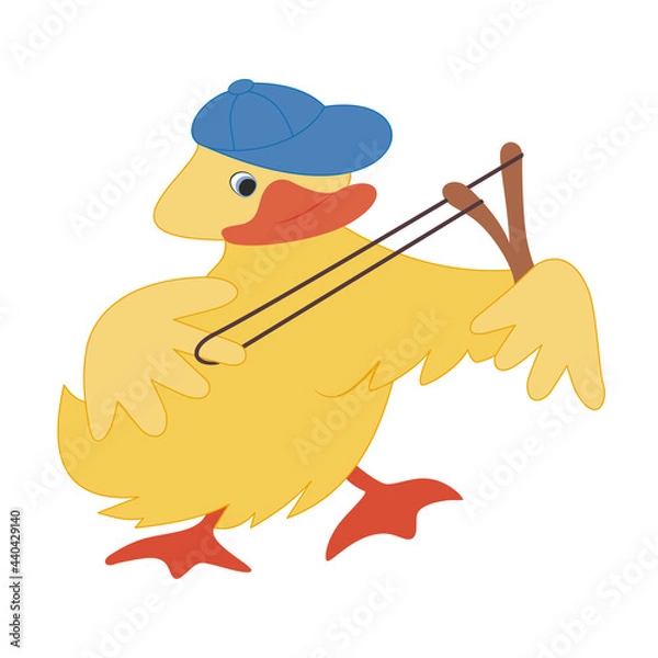Obraz Sigle funny duckling in a cap with a slingshot. Happy playful yellow baby duck. Hand-drawn cartoon character, flat style. Young pet, bird. For a child, illustration, coloring. For print, internet.