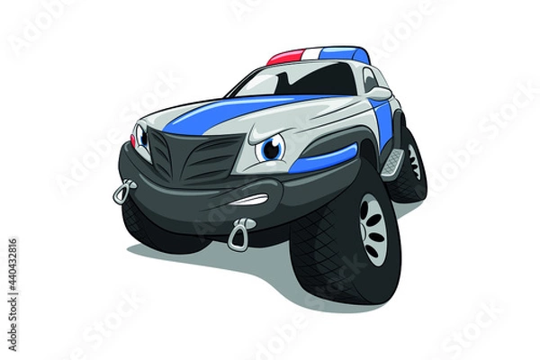 Fototapeta Cartoon police car. A blue car on a white background. Isolate.