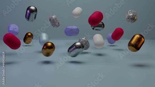 Obraz 3d render of floating colorful spheres. Abstract background with golden, silver, plastik, marble and stone spheres.