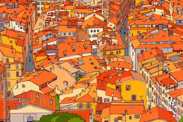 Fototapeta Red tiled roofs of Old Nice. France. Old town, street, house, roof, road, lane. Urban landscape. top view of the old town. Contour style. Linear art. Drawing a sketch. Vector.