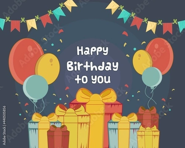 Fototapeta happy birthday to you with give and flag ornament flat design