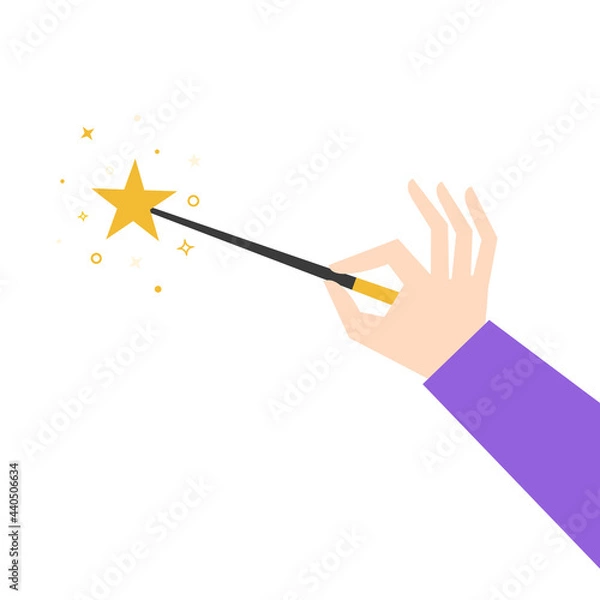 Fototapeta Magic wand with sparkle in hand isolated on white. Magician holding miracle magical stick Wizard tool. Vector illustration. Flat style