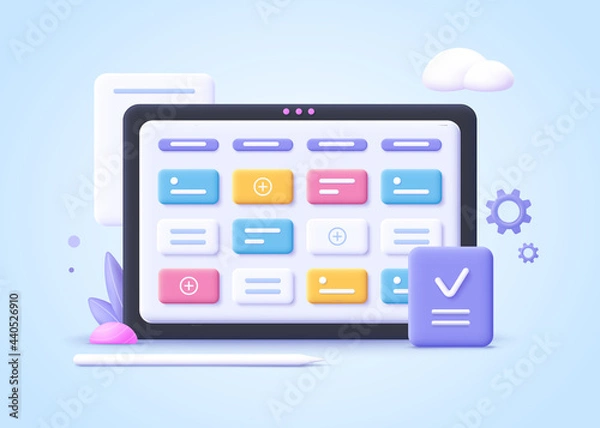 Fototapeta Concept of kanban board, agile project management concept, work schedule organization, time planning and workflow managing.3d realistic vector illustration.