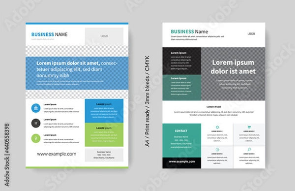 Fototapeta A4 business flyer layouts, clean and editable corporate graphic templates, marketing leaflets, brochure, book cover, minimal design idea, annual booklet concept