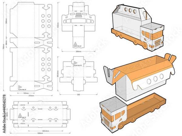 Obraz Truck-Shape box with handle and Die-cut Pattern. The .eps file is full scale and fully functional. Prepared for real cardboard production.