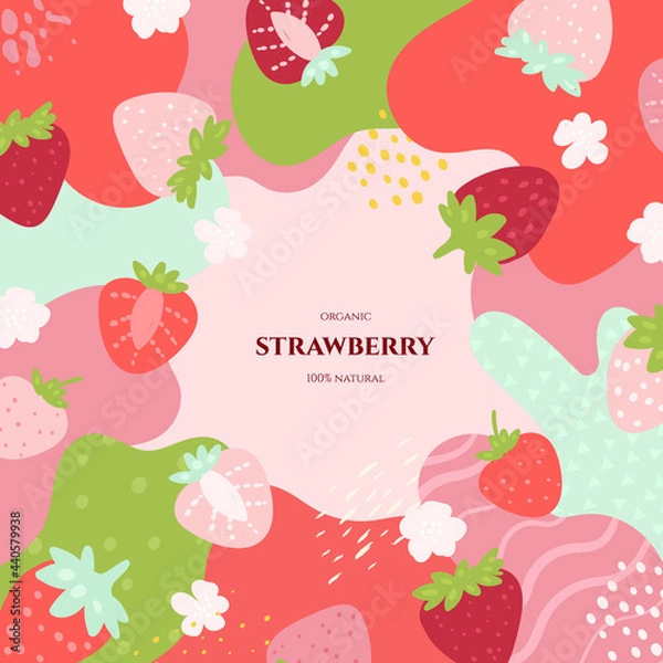 Fototapeta Vector frame with doodle strawberry and abstract elements. Hand drawn illustrations.