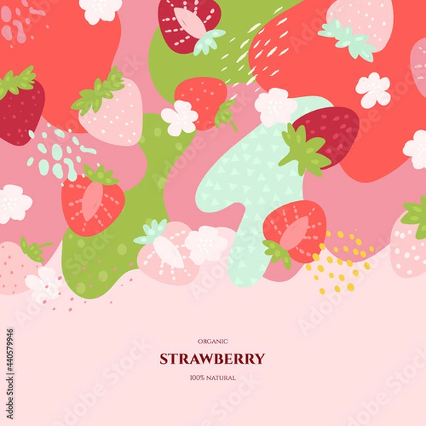 Fototapeta Vector frame with doodle strawberry and abstract elements. Hand drawn illustrations.