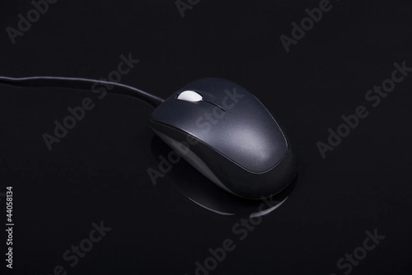 Obraz black computer mouse in black background with reflection