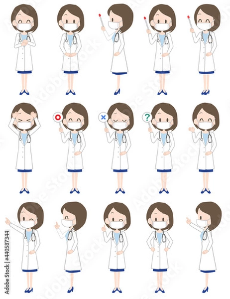 Fototapeta マスクを着けた女性の医師の表情セット