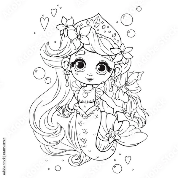 Fototapeta Cute little mermaid with crown coloring book. Coloring book for girls with a beautiful anime style mermaid. Vector illustration of black lines in cartoon childish style. Isolated clipart on white