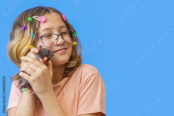 Fototapeta beautiful girl with glasses holds pet rat in her hands on blue background, love for rodents or animals, place to copy space