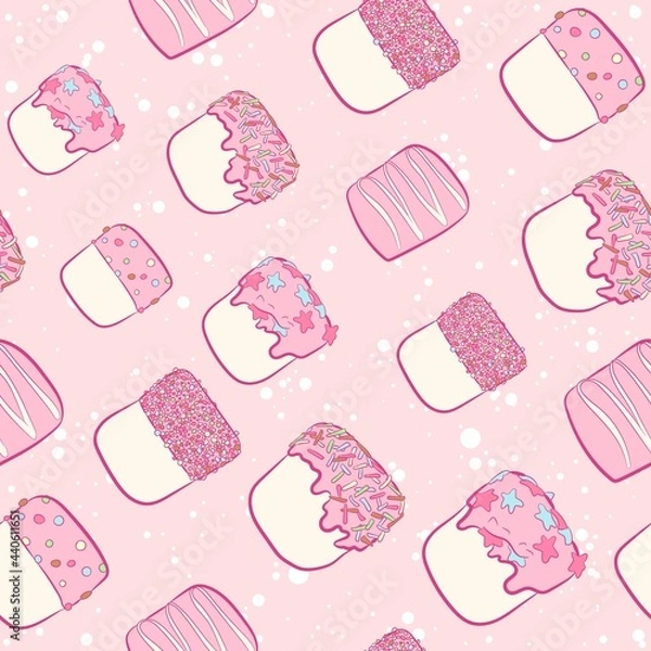 Fototapeta Kawaii seamless pattern with white marshmallows, pink frosting and colorful sprinkles. All over print and repeat background with sweets for kids and babies. Soft and fluffy snack texture.