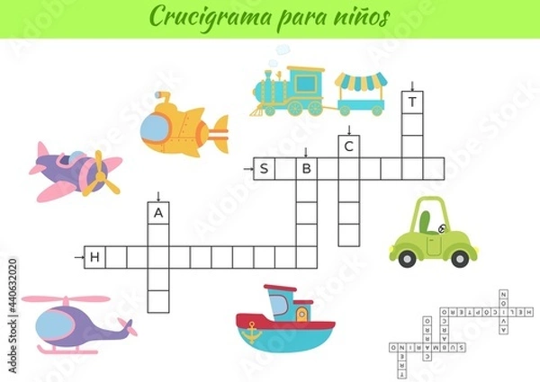 Obraz Crossword for kids in Spanish with pictures of transport. Educational game for study Spanish language and words. Children activity printable worksheet. Includes answers. Vector stock illustration