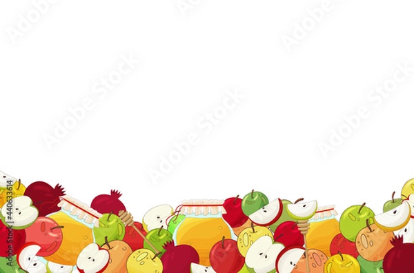 Fototapeta Rosh Hashanah Jewish New Year background. Shana Tova . Holiday Rosh Hashanah greeting card template. Honey, apples, pomegranate. Invitation card postcard. 