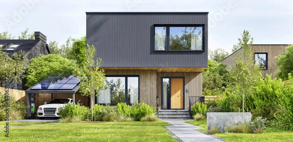Obraz Modern Architecture Home. House Design with solar charging station and electric car