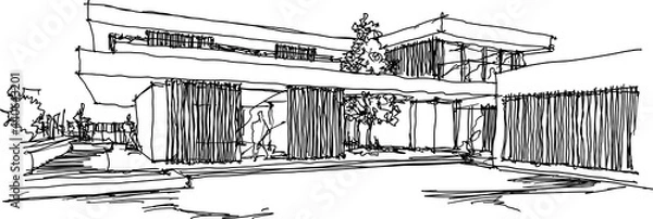 Fototapeta hand drawn architectural sketches of modern two story detached house with flat roof and people around