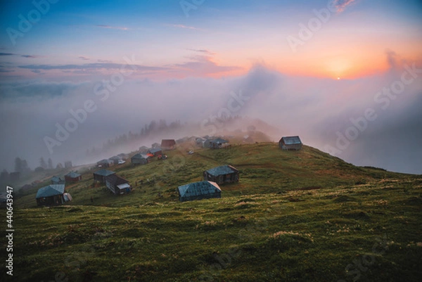 Obraz Mountain Village Sunset Clouds Above