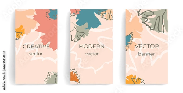 Fototapeta Bundle of editable story templates with copy space for text. Modern vector layouts. Stylish neutral colors, blue, pink, orange, trendy design for social media marketing, digital post, prints, banners.