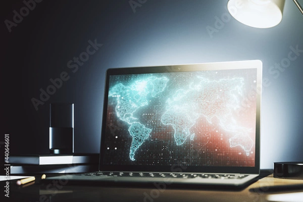 Obraz Modern computer display with abstract graphic world map, big data and networking concept. 3D Rendering