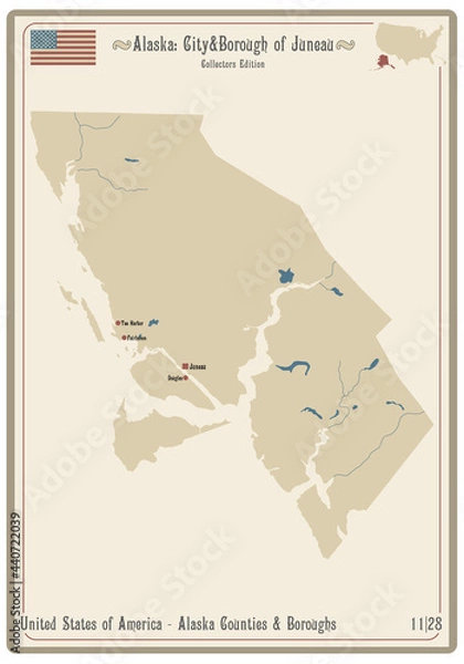 Fototapeta Map on an old playing card of city and borough of Juneau in Alaska, USA.