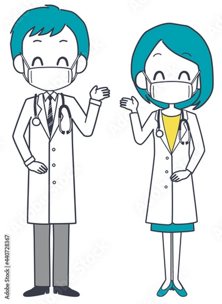 Fototapeta マスクを着けた笑顔の男女の医師