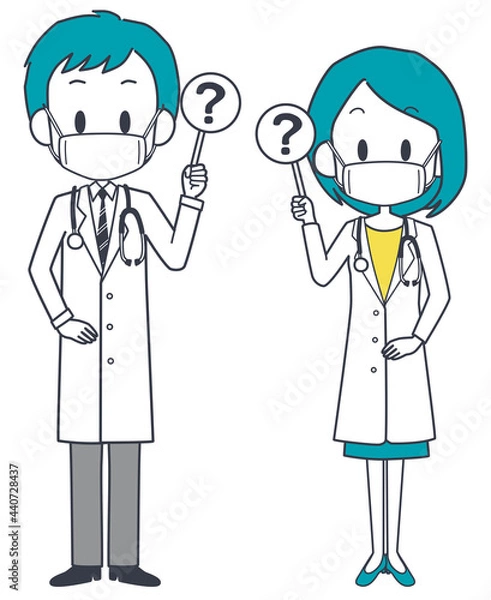 Fototapeta ハテナの札を持つマスクを着けた男女の医師