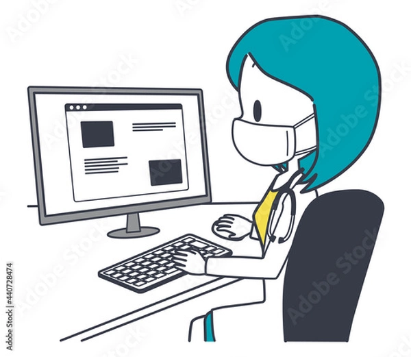 Fototapeta PCを操作するマスクを着けた女性の医師