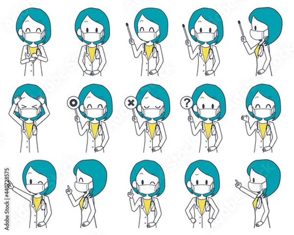 Fototapeta マスクを着けた女性の医師の表情セット