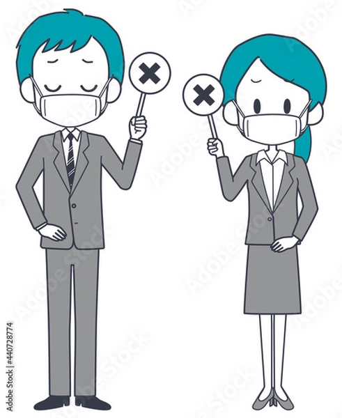 Obraz マスクを着けて不正解の札を持つスーツ姿の男女